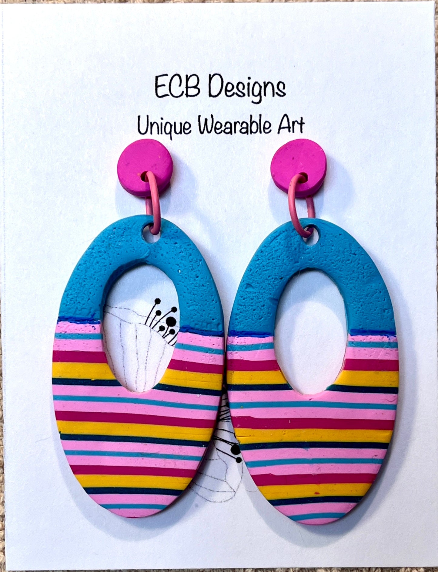 Fun Bold Blue Pink Black and Yellow Oval Drop Earrings