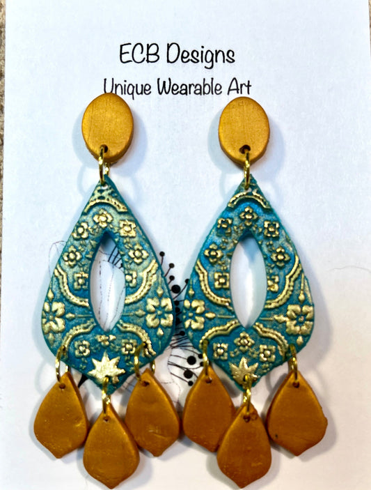 Shimmery Teal and Gold Elegant Chandelier Earrings
