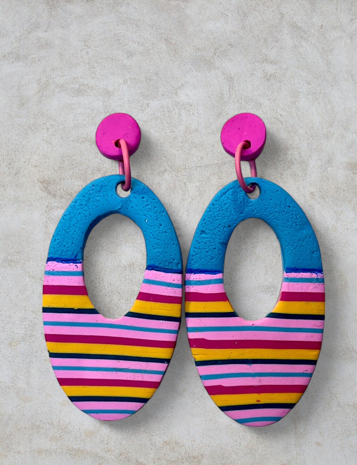 Fun Bold Blue Pink Black and Yellow Oval Drop Earrings