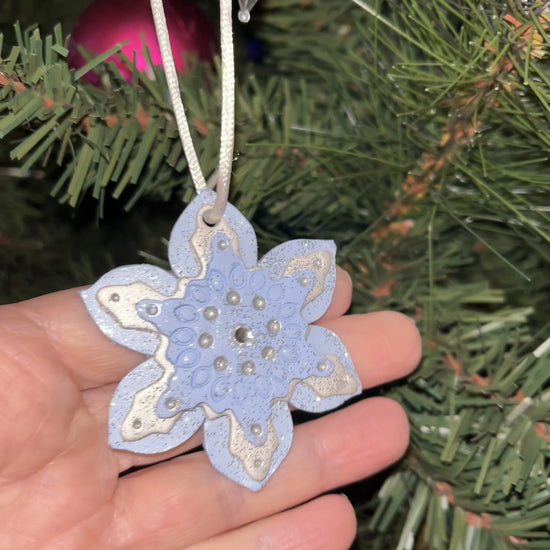 Three layers of snowflake, light blue, pearl, and pale blue with silver glitter.