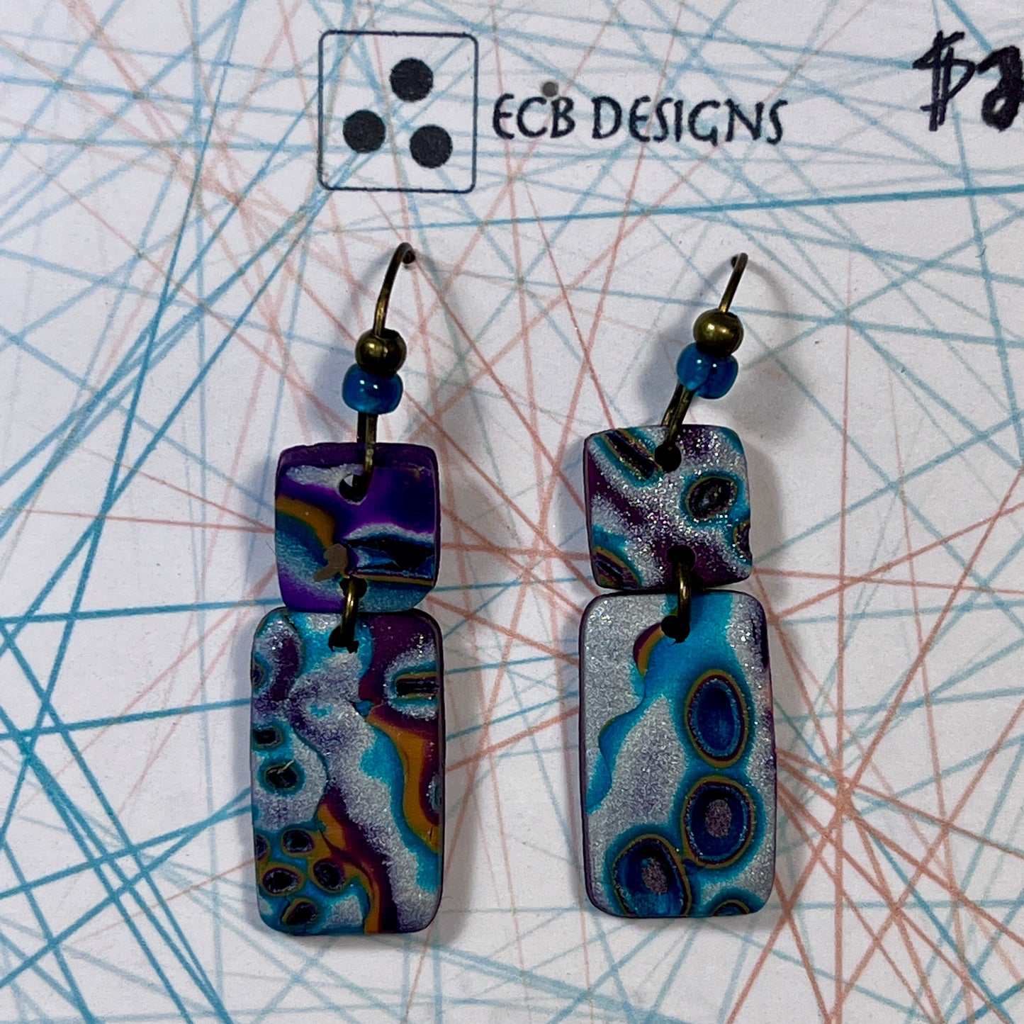 Purple, silver, teal and orange makume gane earrings on copper wires